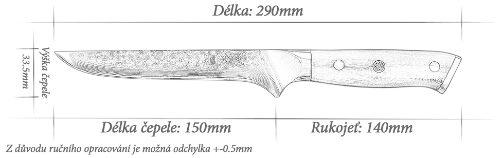 Vykosťovací nůž XinZuo Yu B13R 6" -  rozměry nože